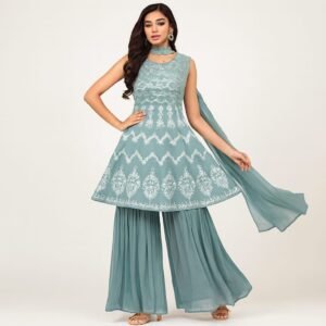 Sea Green Embroidered Kurta Sharara Set with Dupatta