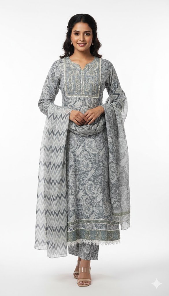 grey printed kurta set with dupatta