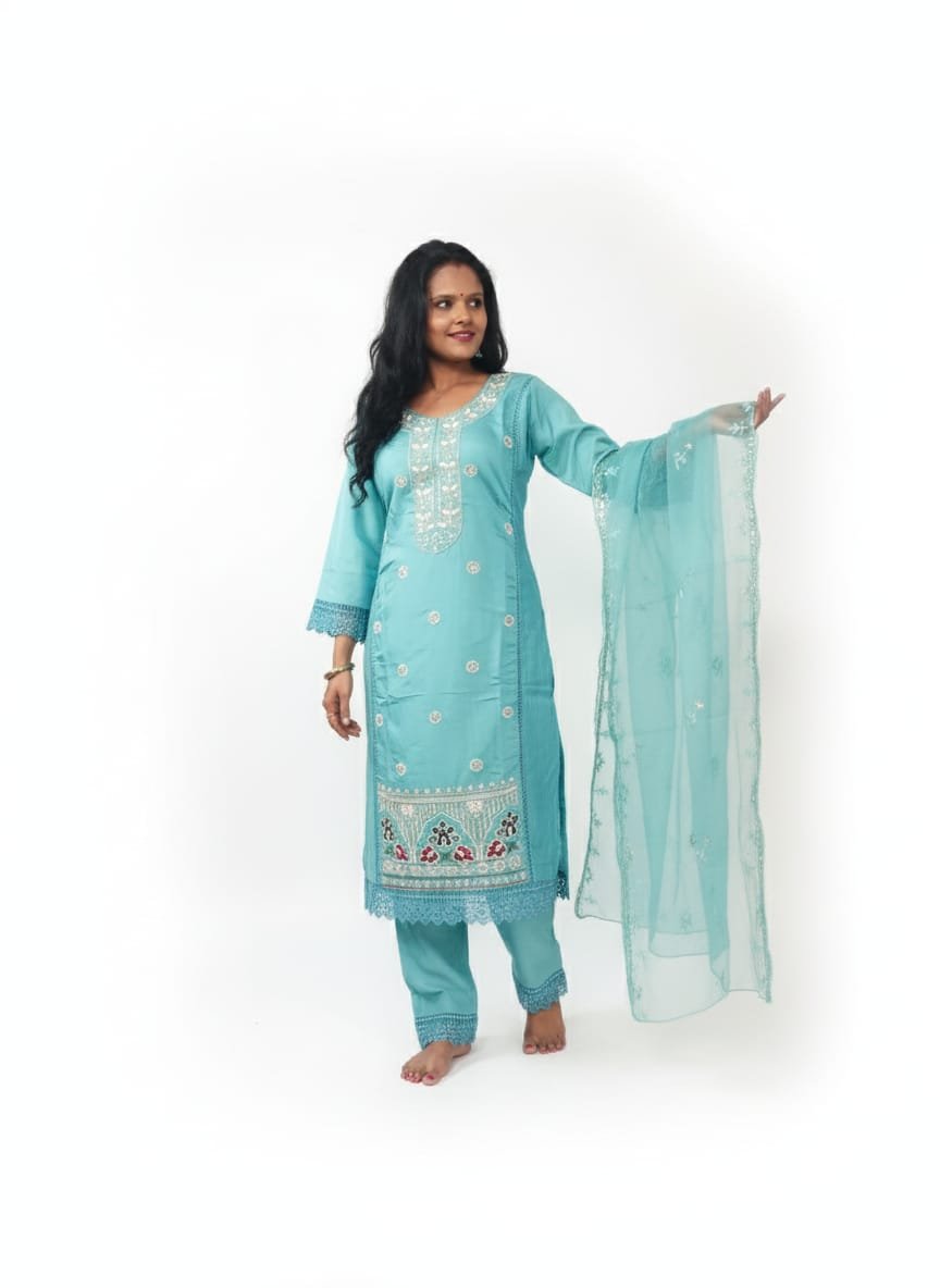 Aqua Blue Embroidered Kurta Set with Dupatta (3-Piece Set) - Image 2