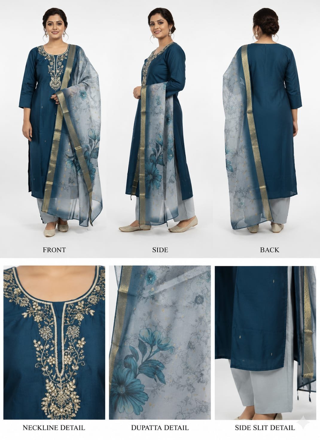 Teal Blue Embroidered Kurta Set with Organza Dupatta (3-Piece Set) - Image 2