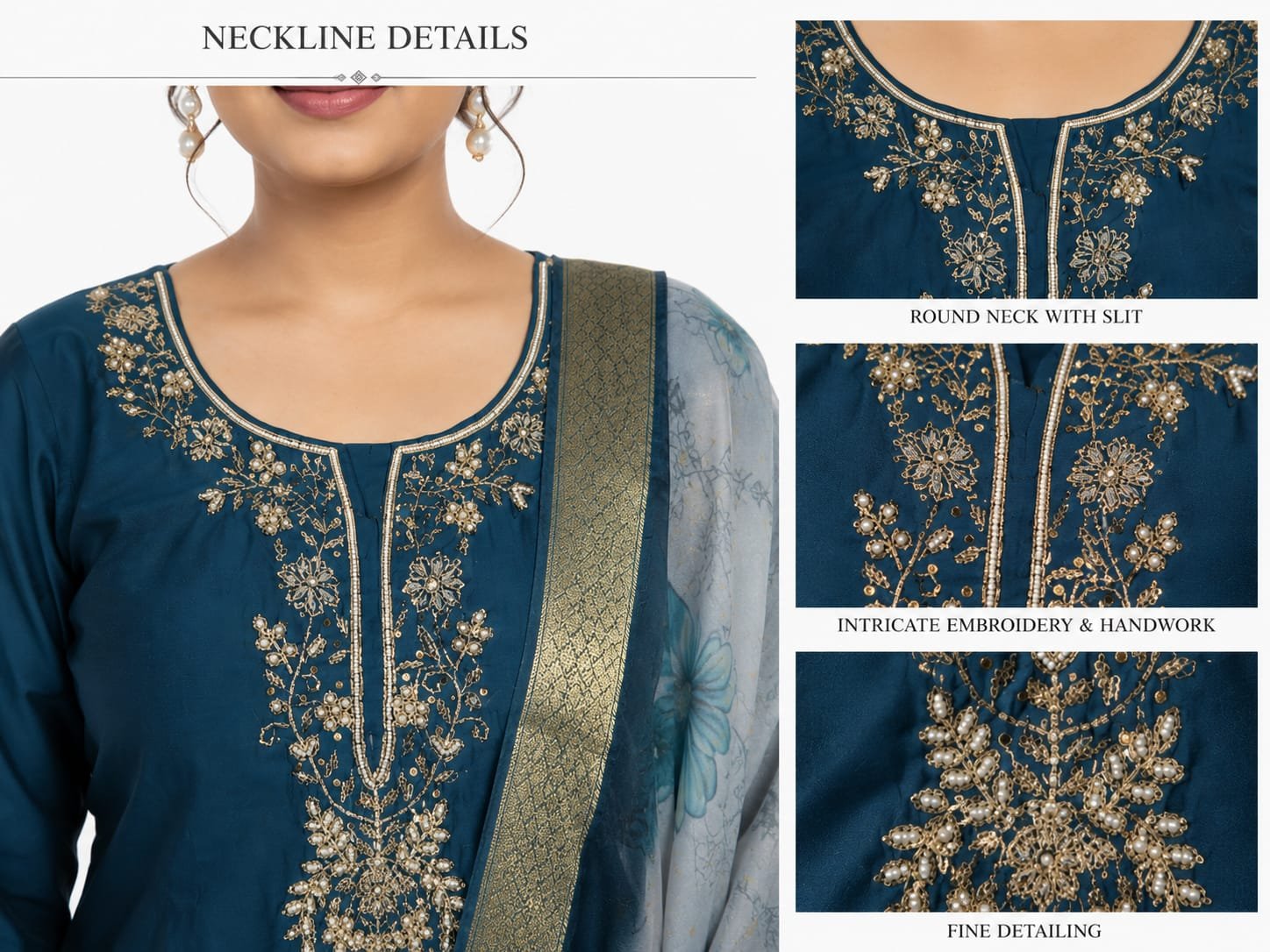 Teal Blue Embroidered Kurta Set with Organza Dupatta (3-Piece Set) - Image 3
