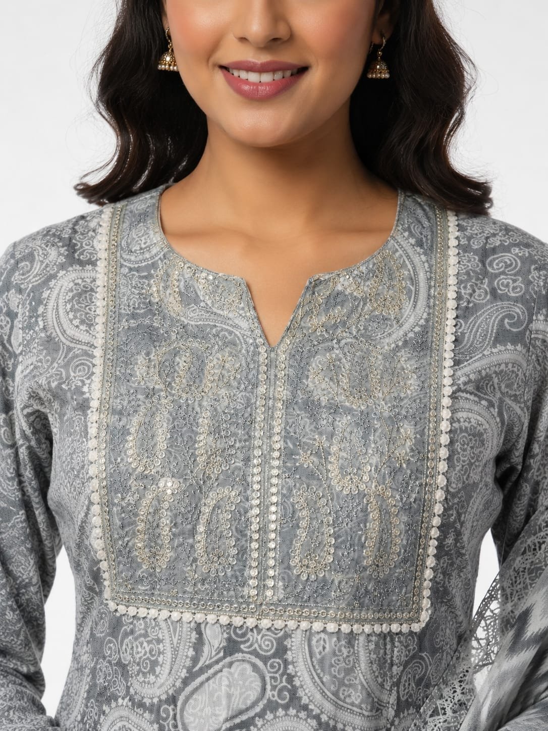 Grey Printed Kurta Set with Dupatta (3-Piece Elegant Set) - Image 2